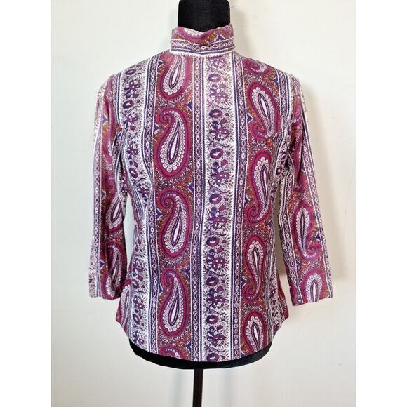 VIntage 60s 70s Mod Maroon Purple Floral Paisly Mock Neck Top Women Size S/M - Picture 4 of 9